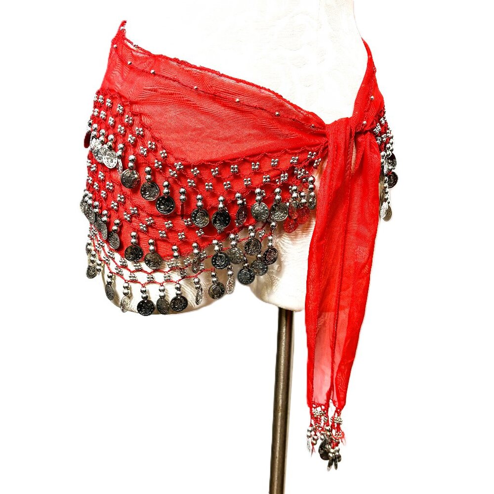 Red Belly Dance Hip Scarf with Three Rows Silver Coins